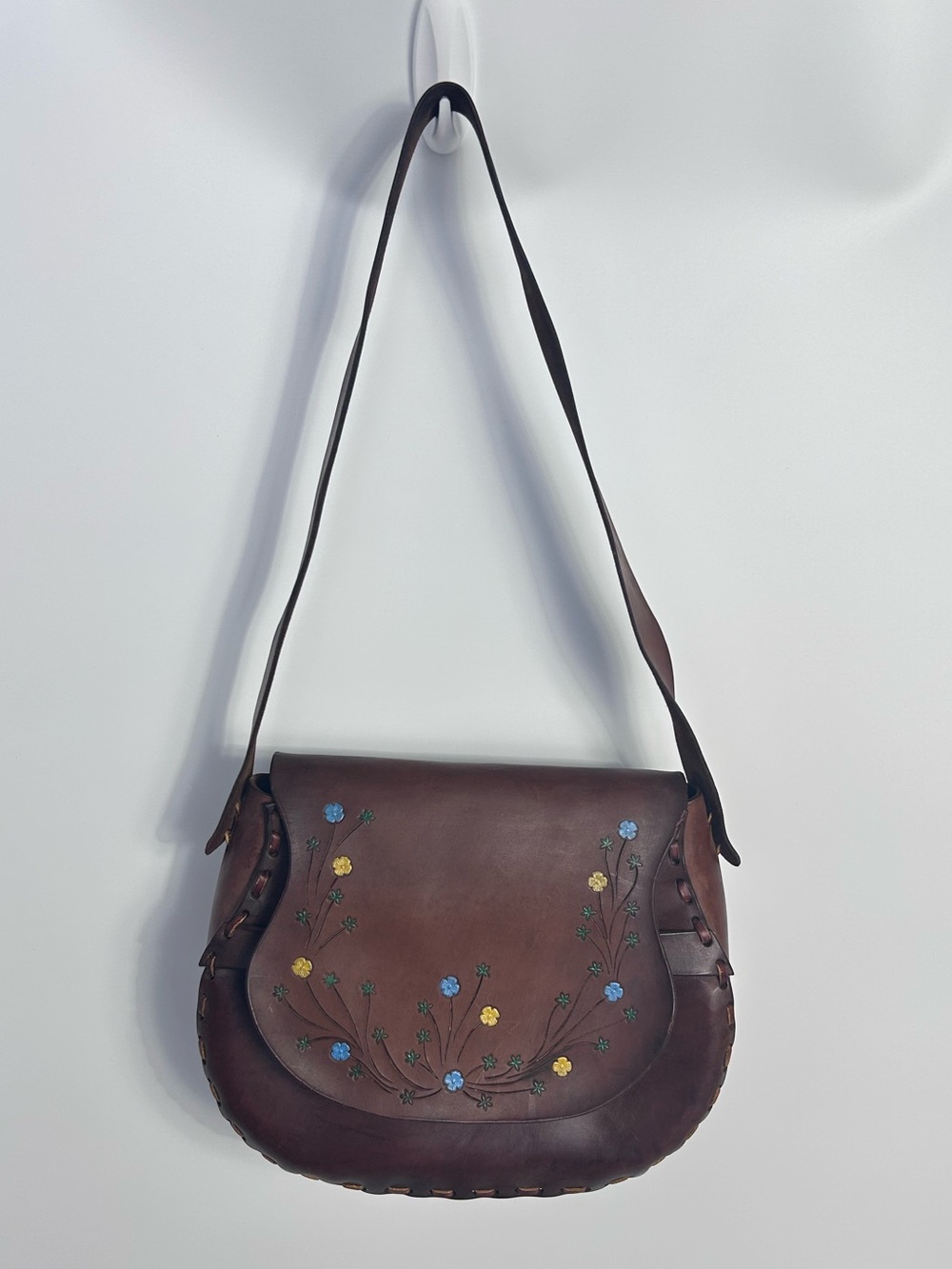 Vintage Brown Western Leather Floral Girly Saddle Bag